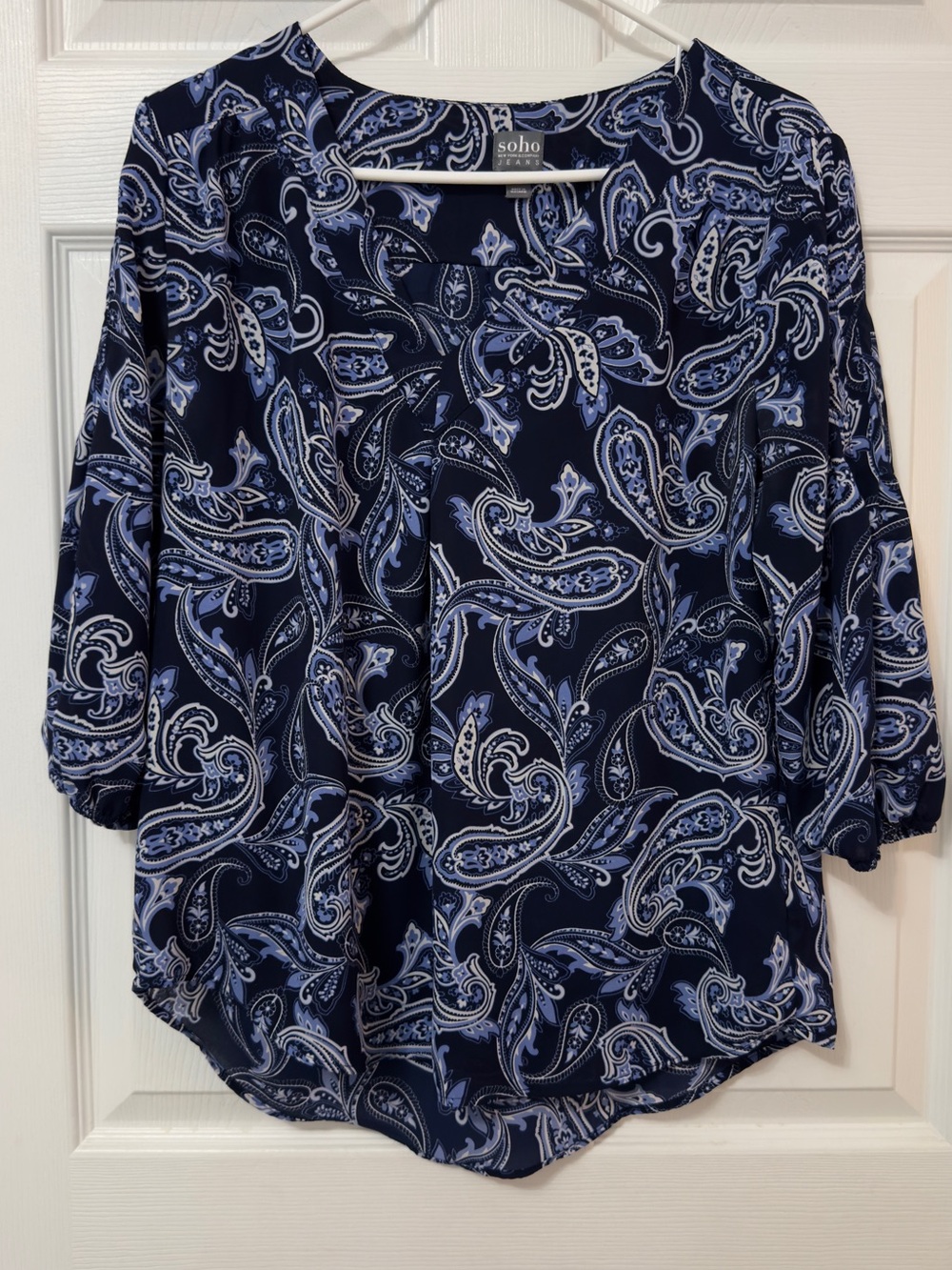 Soho Navy Paisley Scoop-Neck Blouse with Light Blue Accents